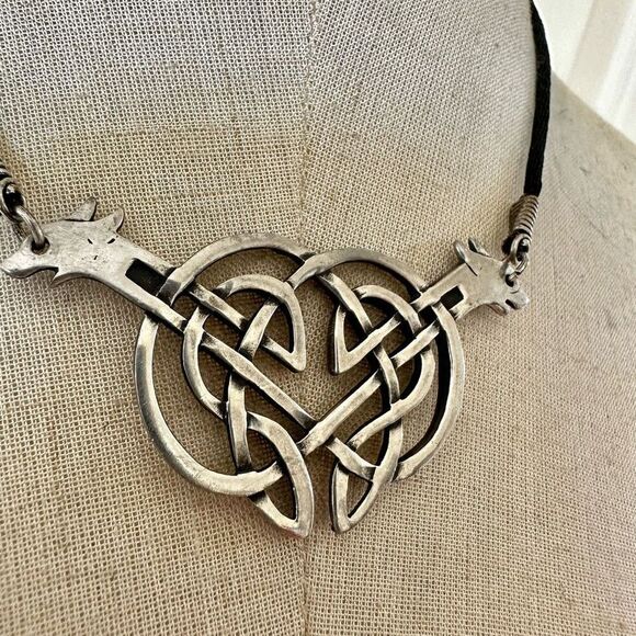 Silver tone double dog knotted pendant necklace - Picture 2 of 8